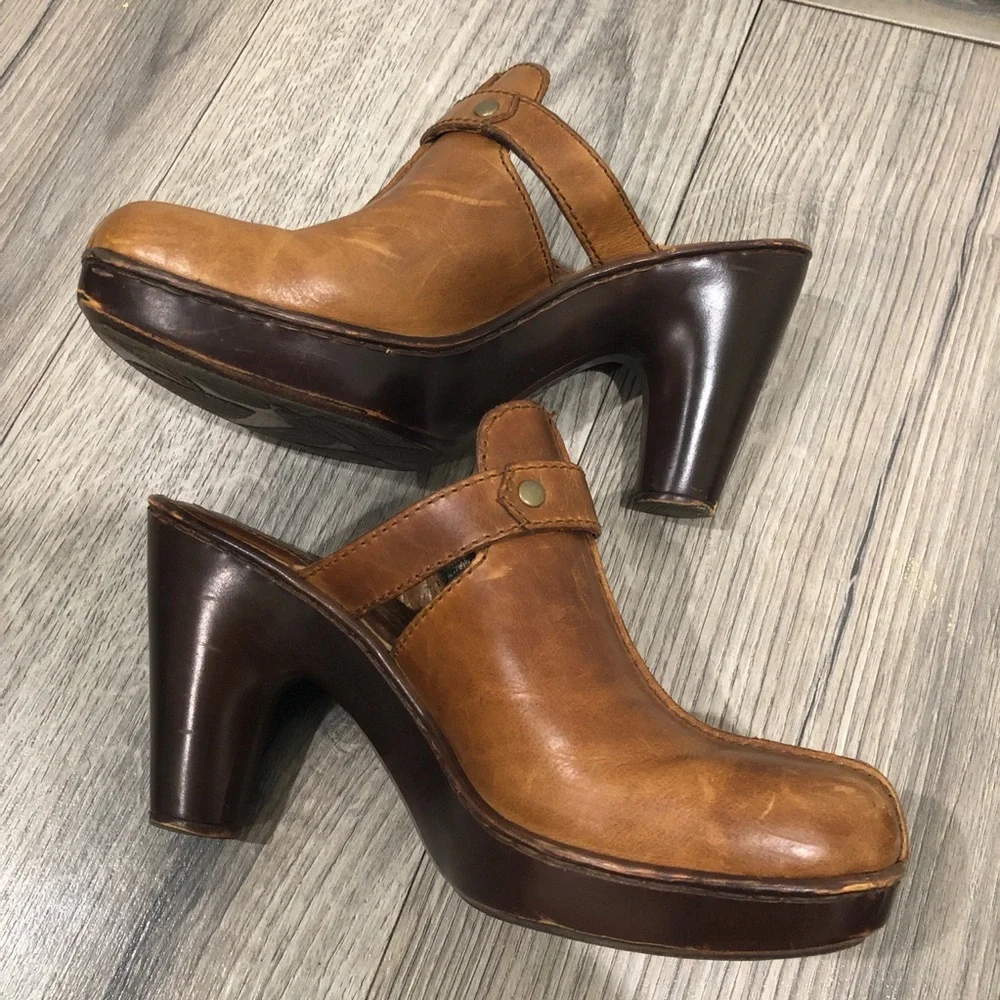 Born Leather Mules Clogs Heels with Buckle Leather Brown 8 - Picture 10 of 10